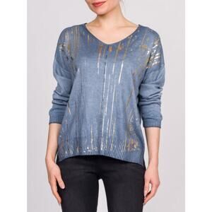 Bella Amore Women's V-Neck Sweater One Size 3/4 Sleeve Blue Gold Stroke NWT